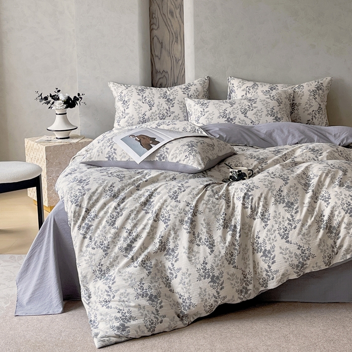 91家纺网 家纺一手货源 找家纺 宝士康家纺 2025秋冬新品高克重A类原麻暗合四件套复古加厚双层纱仿亚麻套件 素兮