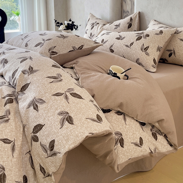 91家纺网 家纺一手货源 找家纺 宝士康家纺 2025秋冬新品高克重A类原麻暗合四件套复古加厚双层纱仿亚麻套件 素棕