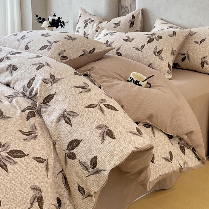 91家纺网 家纺一手货源 找家纺 宝士康家纺 2025秋冬新品高克重A类原麻暗合四件套复古加厚双层纱仿亚麻套件 素棕