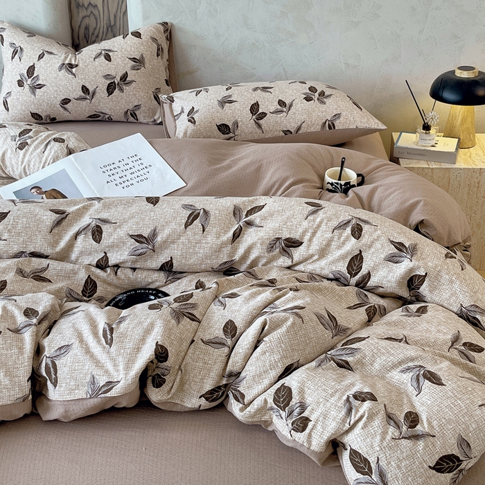 91家纺网 家纺一手货源 找家纺 宝士康家纺 2025秋冬新品高克重A类原麻暗合四件套复古加厚双层纱仿亚麻套件 素棕