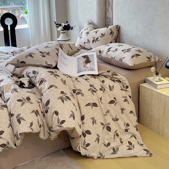 91家纺网 家纺一手货源 找家纺 宝士康家纺 2025秋冬新品高克重A类原麻暗合四件套复古加厚双层纱仿亚麻套件 素棕