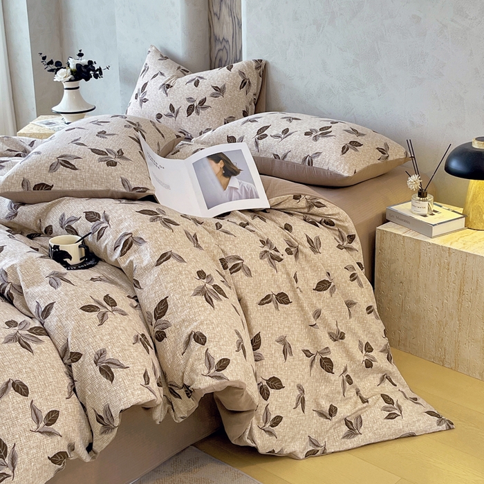 91家纺网 家纺一手货源 找家纺 宝士康家纺 2025秋冬新品高克重A类原麻暗合四件套复古加厚双层纱仿亚麻套件 素棕