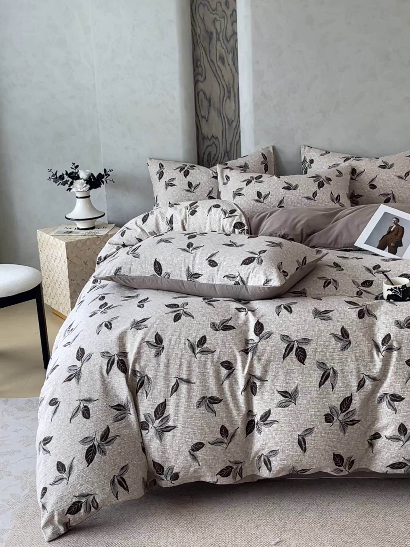 91家纺网 家纺一手货源 找家纺 宝士康家纺 2025秋冬新品高克重A类原麻暗合四件套复古加厚双层纱仿亚麻套件 素棕