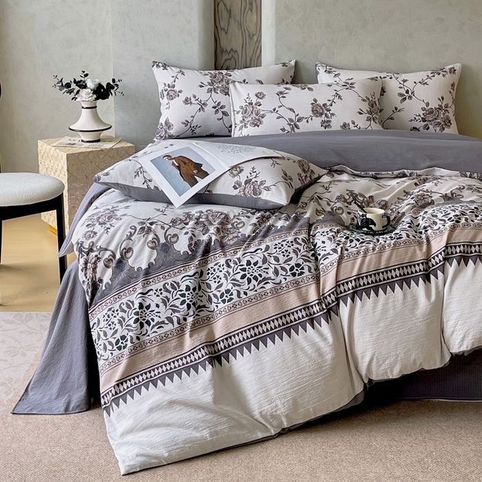 91家纺网 家纺一手货源 找家纺 宝士康家纺 2025秋冬新品高克重A类原麻暗合四件套复古加厚双层纱仿亚麻套件 雅蔓