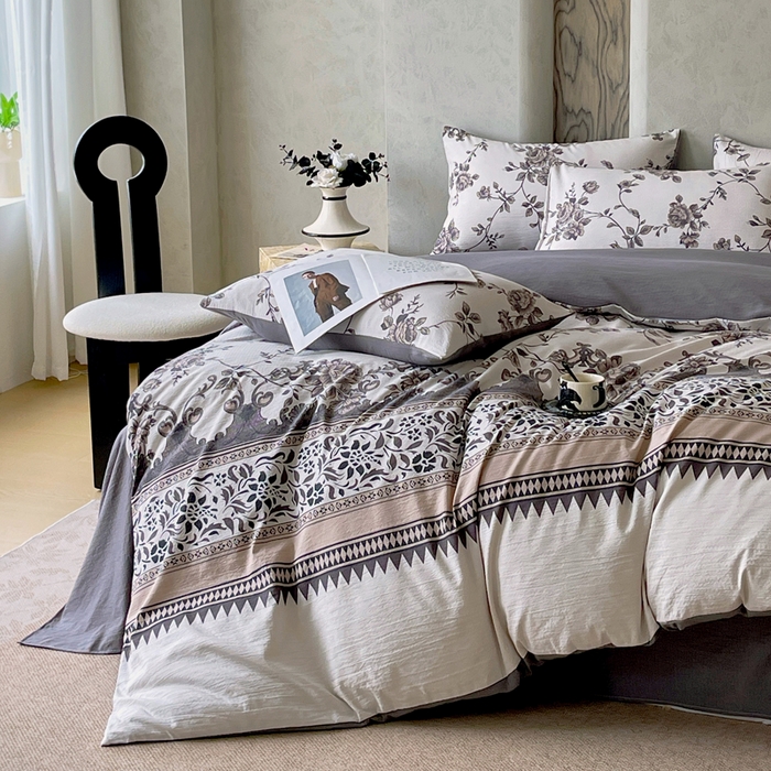 91家纺网 家纺一手货源 找家纺 宝士康家纺 2025秋冬新品高克重A类原麻暗合四件套复古加厚双层纱仿亚麻套件 雅蔓