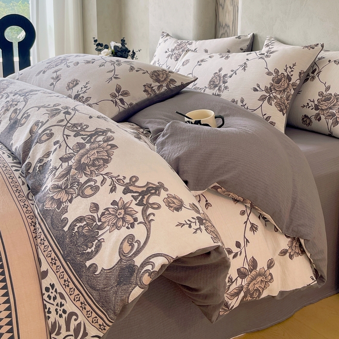 91家纺网 家纺一手货源 找家纺 宝士康家纺 2025秋冬新品高克重A类原麻暗合四件套复古加厚双层纱仿亚麻套件 雅蔓