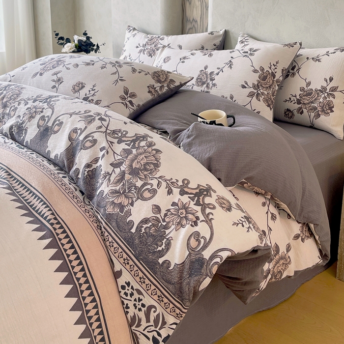 91家纺网 家纺一手货源 找家纺 宝士康家纺 2025秋冬新品高克重A类原麻暗合四件套复古加厚双层纱仿亚麻套件 雅蔓