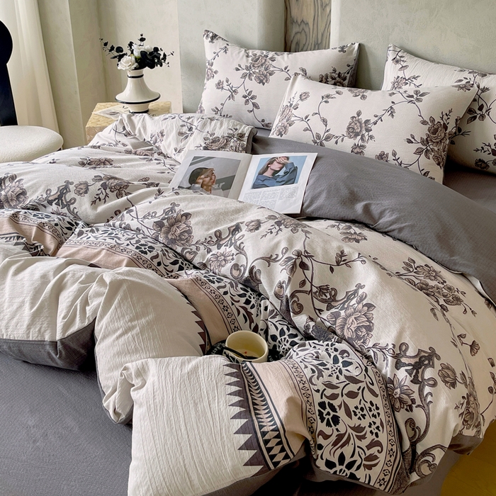 91家纺网 家纺一手货源 找家纺 宝士康家纺 2025秋冬新品高克重A类原麻暗合四件套复古加厚双层纱仿亚麻套件 雅蔓