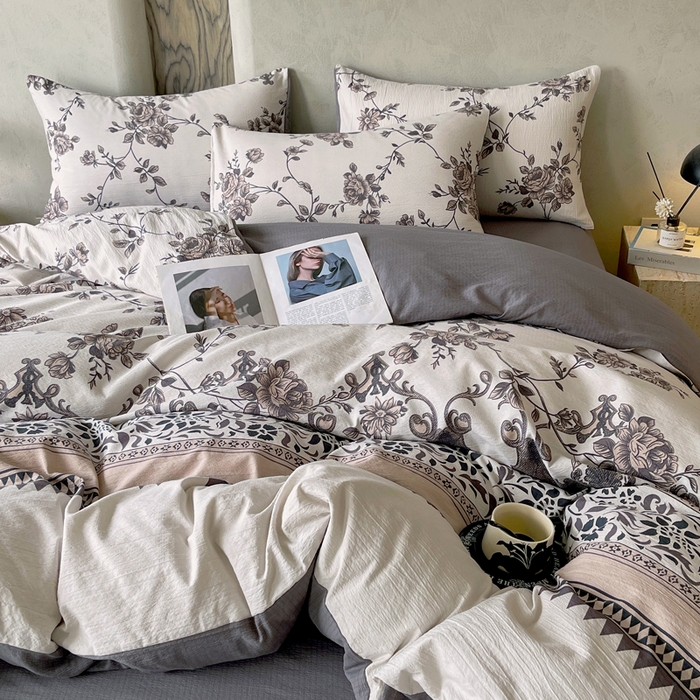 91家纺网 家纺一手货源 找家纺 宝士康家纺 2025秋冬新品高克重A类原麻暗合四件套复古加厚双层纱仿亚麻套件 雅蔓