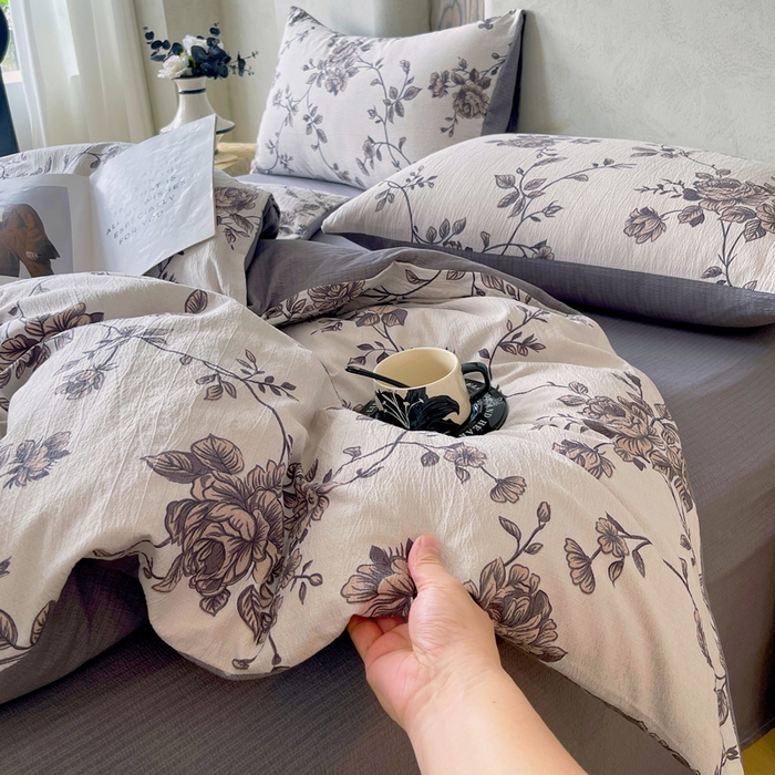 91家纺网 家纺一手货源 找家纺 宝士康家纺 2025秋冬新品高克重A类原麻暗合四件套复古加厚双层纱仿亚麻套件 雅蔓