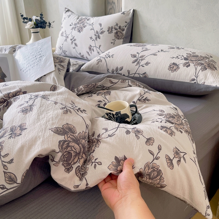 91家纺网 家纺一手货源 找家纺 宝士康家纺 2025秋冬新品高克重A类原麻暗合四件套复古加厚双层纱仿亚麻套件 雅蔓