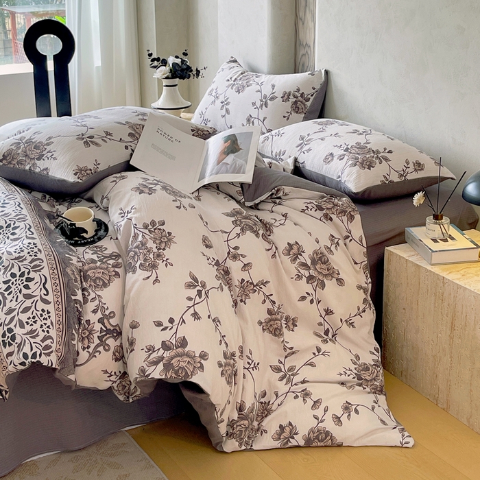 91家纺网 家纺一手货源 找家纺 宝士康家纺 2025秋冬新品高克重A类原麻暗合四件套复古加厚双层纱仿亚麻套件 雅蔓