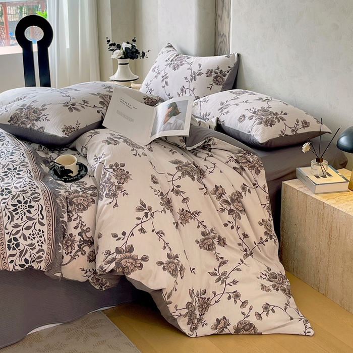 91家纺网 家纺一手货源 找家纺 宝士康家纺 2025秋冬新品高克重A类原麻暗合四件套复古加厚双层纱仿亚麻套件 雅蔓