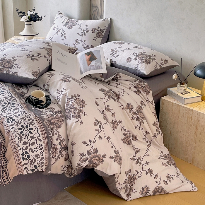 91家纺网 家纺一手货源 找家纺 宝士康家纺 2025秋冬新品高克重A类原麻暗合四件套复古加厚双层纱仿亚麻套件 雅蔓