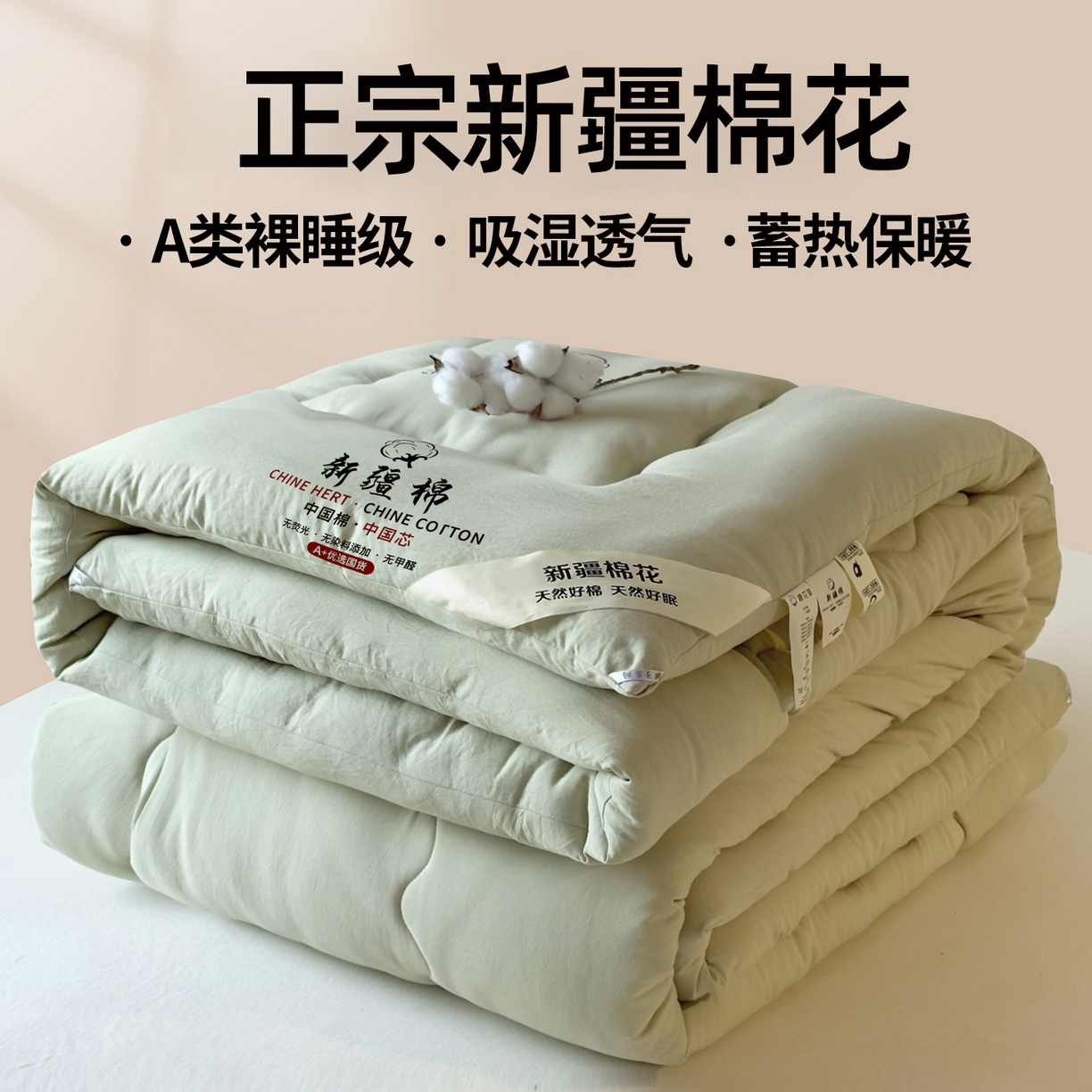 91家纺网 家纺一手货源 找家纺 尊妙被业 2025新款新疆棉花被被子被芯冬被春秋被垫被二合一字母被 岩松绿