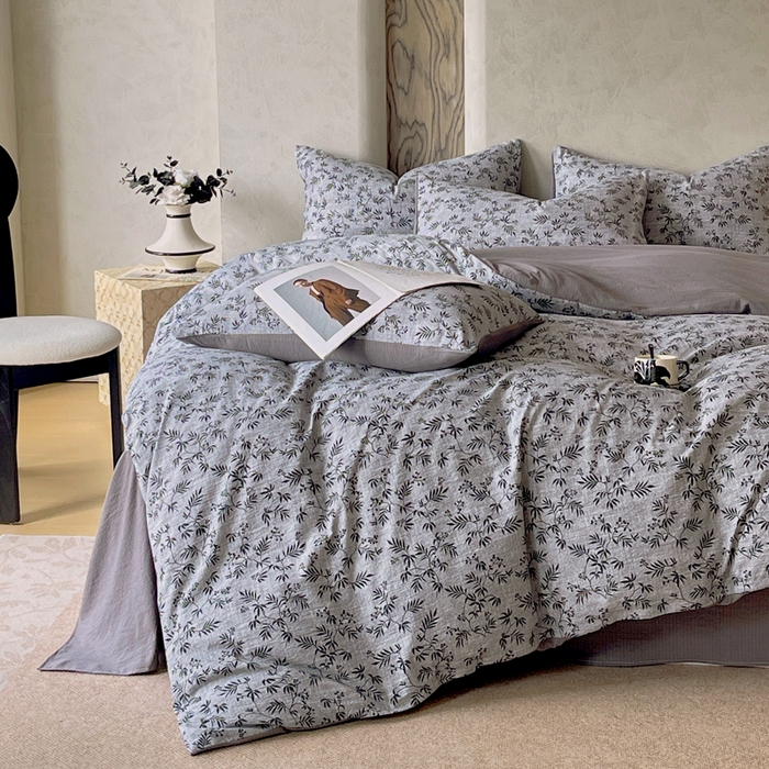 91家纺网 家纺一手货源 找家纺 宝士康家纺 2025秋冬新品高克重A类原麻暗合四件套复古加厚双层纱仿亚麻套件 幽叶