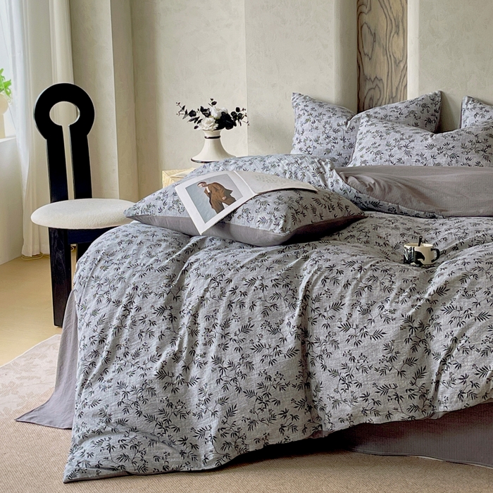 91家纺网 家纺一手货源 找家纺 宝士康家纺 2025秋冬新品高克重A类原麻暗合四件套复古加厚双层纱仿亚麻套件 幽叶