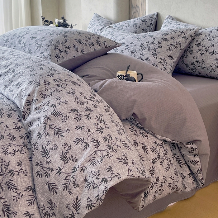 91家纺网 家纺一手货源 找家纺 宝士康家纺 2025秋冬新品高克重A类原麻暗合四件套复古加厚双层纱仿亚麻套件 幽叶