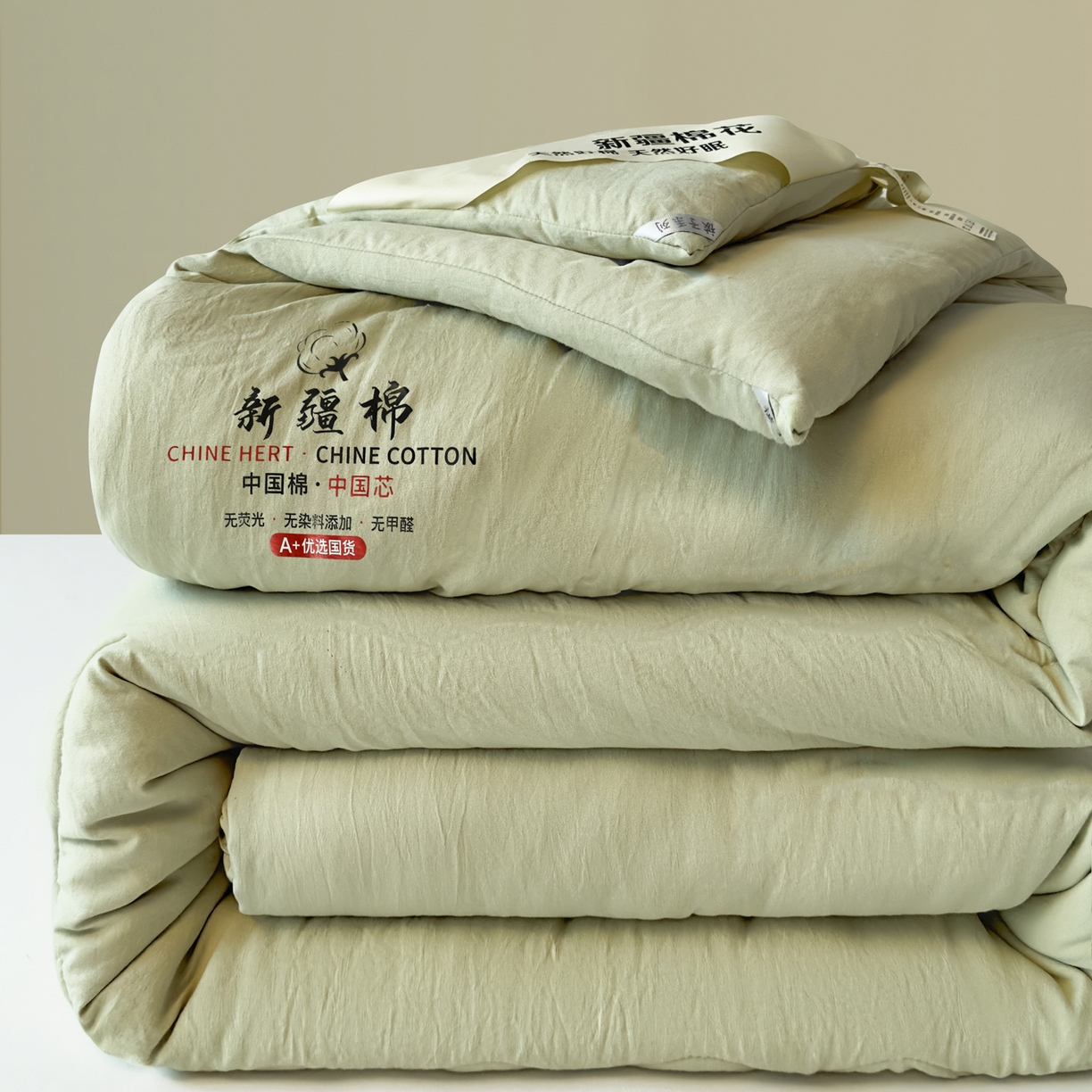 91家纺网 家纺一手货源 找家纺 尊妙被业 2025新款新疆棉花被被子被芯冬被春秋被垫被二合一字母被 岩松绿