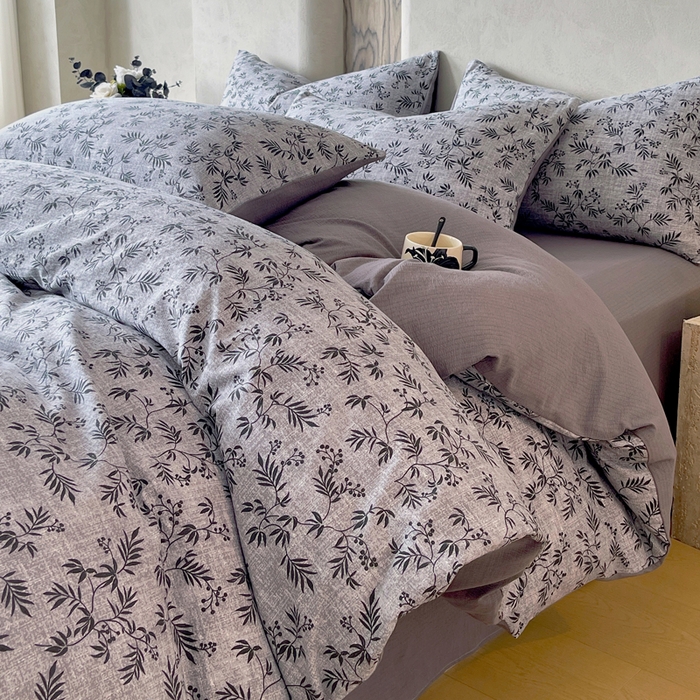 91家纺网 家纺一手货源 找家纺 宝士康家纺 2025秋冬新品高克重A类原麻暗合四件套复古加厚双层纱仿亚麻套件 幽叶