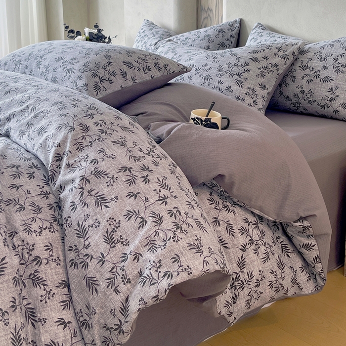 91家纺网 家纺一手货源 找家纺 宝士康家纺 2025秋冬新品高克重A类原麻暗合四件套复古加厚双层纱仿亚麻套件 幽叶