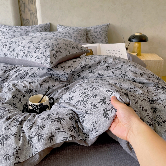 91家纺网 家纺一手货源 找家纺 宝士康家纺 2025秋冬新品高克重A类原麻暗合四件套复古加厚双层纱仿亚麻套件 幽叶