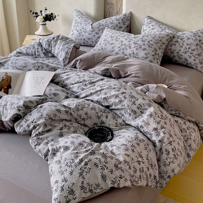 91家纺网 家纺一手货源 找家纺 宝士康家纺 2025秋冬新品高克重A类原麻暗合四件套复古加厚双层纱仿亚麻套件 幽叶