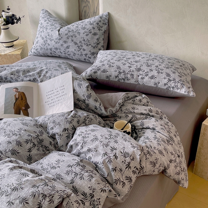 91家纺网 家纺一手货源 找家纺 宝士康家纺 2025秋冬新品高克重A类原麻暗合四件套复古加厚双层纱仿亚麻套件 幽叶