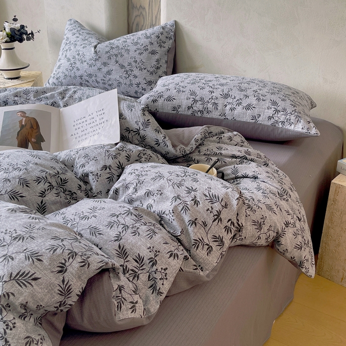 91家纺网 家纺一手货源 找家纺 宝士康家纺 2025秋冬新品高克重A类原麻暗合四件套复古加厚双层纱仿亚麻套件 幽叶