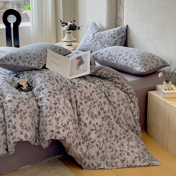 91家纺网 家纺一手货源 找家纺 宝士康家纺 2025秋冬新品高克重A类原麻暗合四件套复古加厚双层纱仿亚麻套件 幽叶