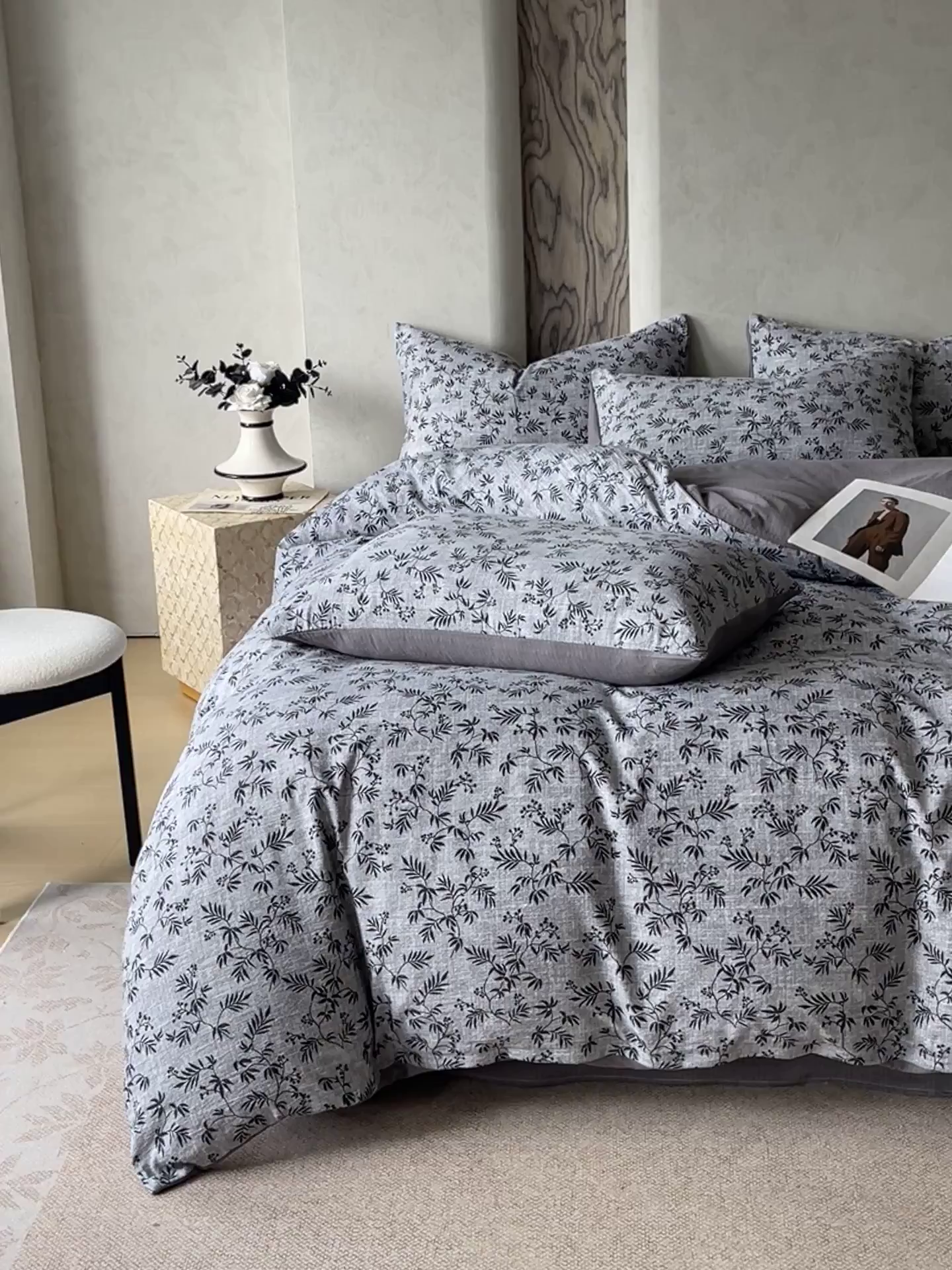 91家纺网 家纺一手货源 找家纺 宝士康家纺 2025秋冬新品高克重A类原麻暗合四件套复古加厚双层纱仿亚麻套件 幽叶