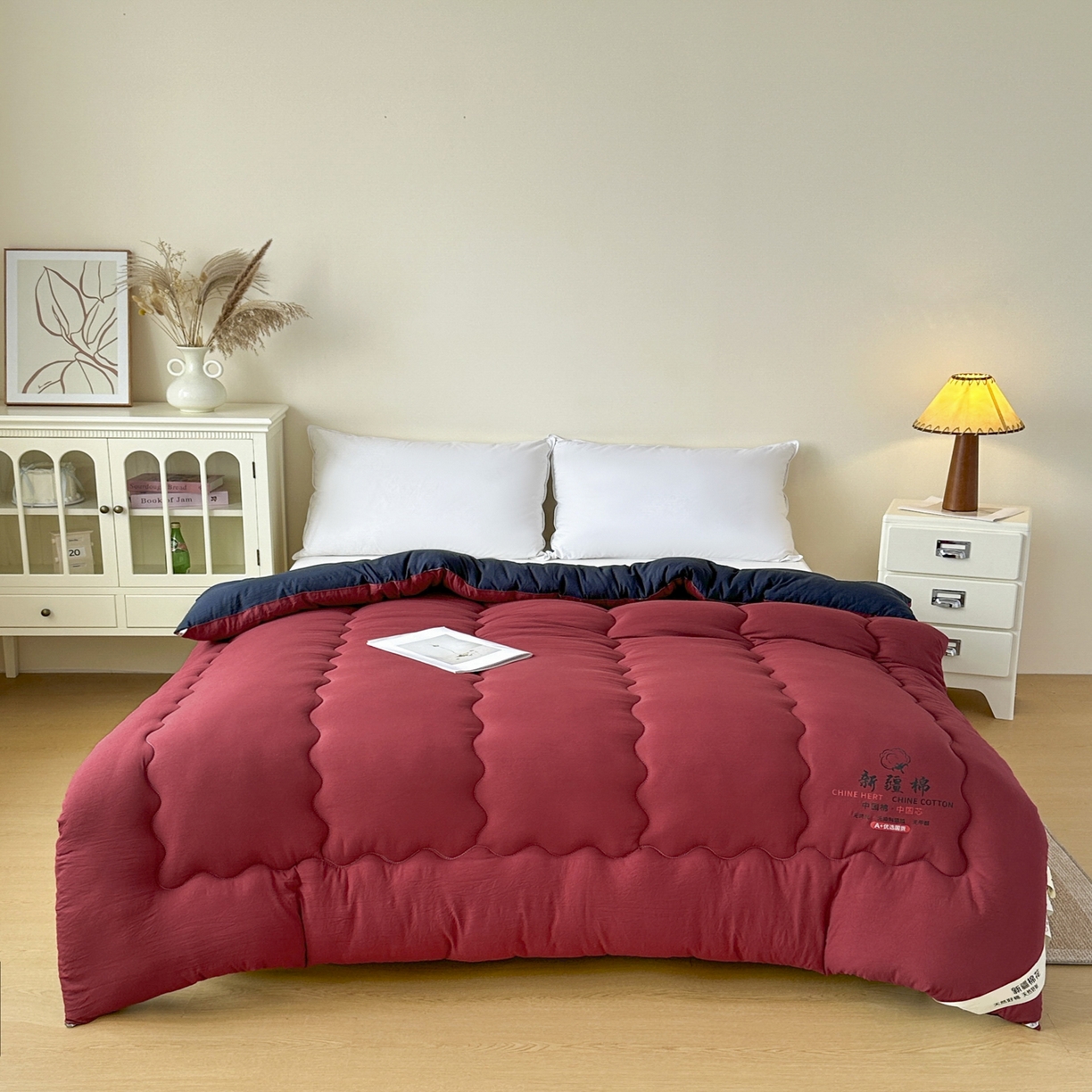 91家纺网 家纺一手货源 找家纺 尊妙被业 2025新款新疆棉花被被子被芯冬被春秋被垫被二合一字母被岩浆红+海军蓝