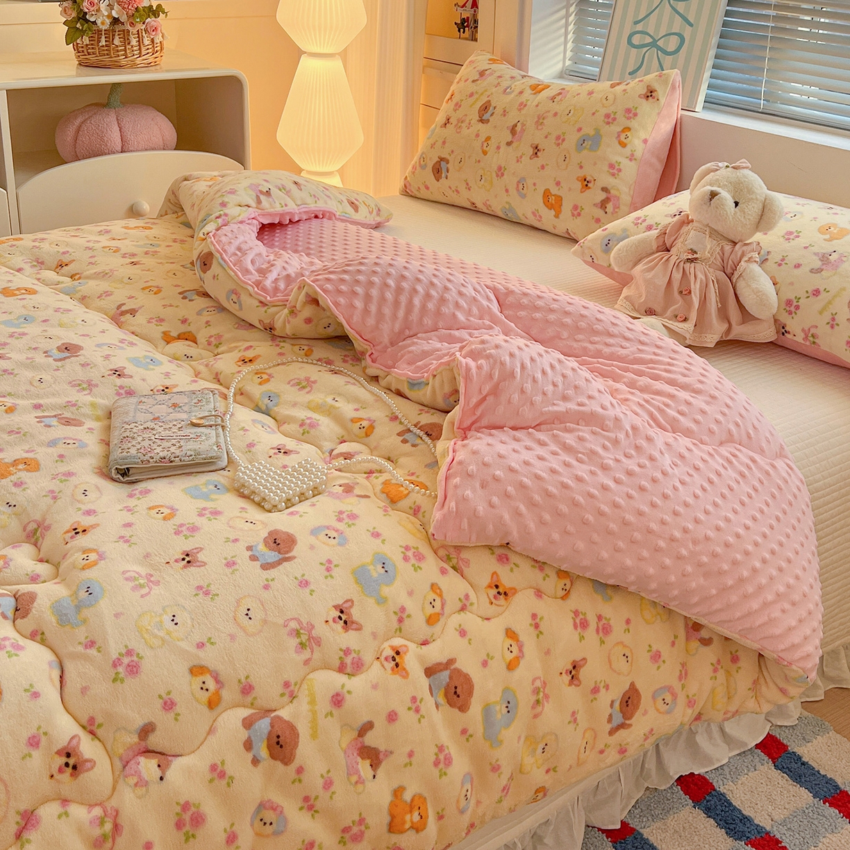 91家纺网 家纺一手货源 找家纺 Mata蔓塔家 2025新款高克重印花牛奶绒软绵绵豆豆被春秋冬被被子被芯 卖萌修狗（提供买家秀）