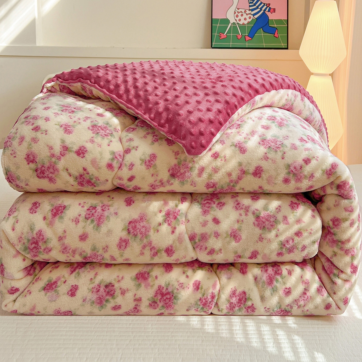 91家纺网 家纺一手货源 找家纺 Mata蔓塔家 2025新款高克重印花牛奶绒软绵绵豆豆被春秋冬被被子被芯 疏影（提供买家秀）