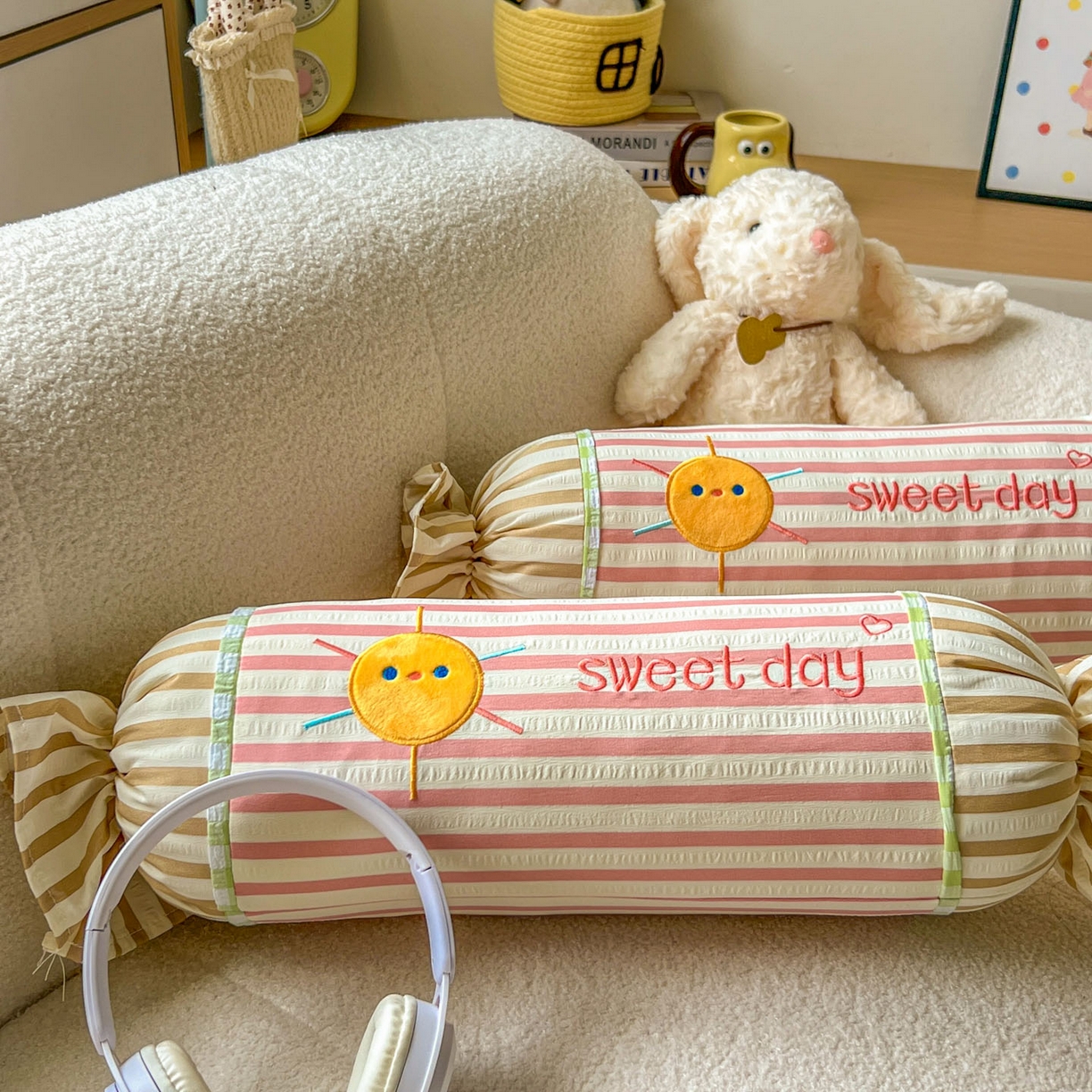 希诺家居 2025新款ins奶油风奶糖枕糖果枕头枕芯 粉条纹太阳