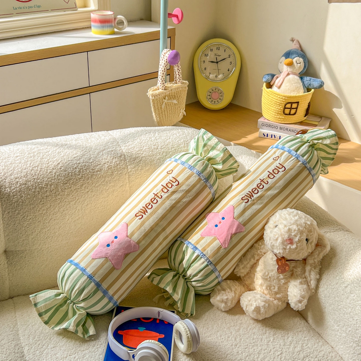 91家纺网 家纺一手货源 找家纺 希诺家居 2025新款ins奶油风奶糖枕糖果枕头枕芯 黄条纹星星