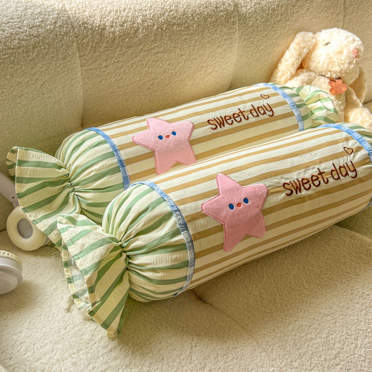 91家纺网 家纺一手货源 找家纺 希诺家居 2025新款ins奶油风奶糖枕糖果枕头枕芯 黄条纹星星