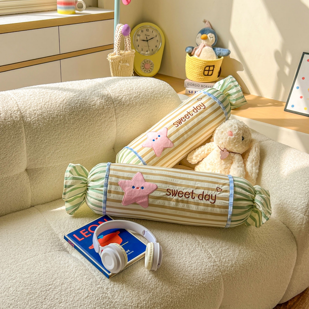 91家纺网 家纺一手货源 找家纺 希诺家居 2025新款ins奶油风奶糖枕糖果枕头枕芯 黄条纹星星