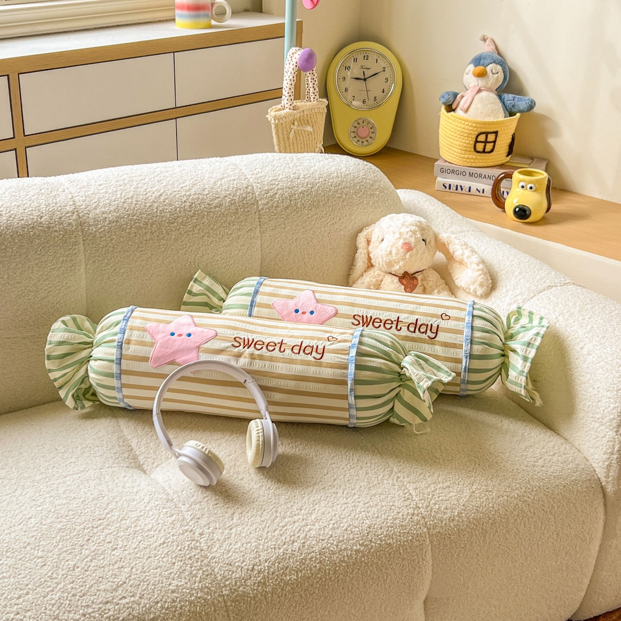 91家纺网 家纺一手货源 找家纺 希诺家居 2025新款ins奶油风奶糖枕糖果枕头枕芯 黄条纹星星