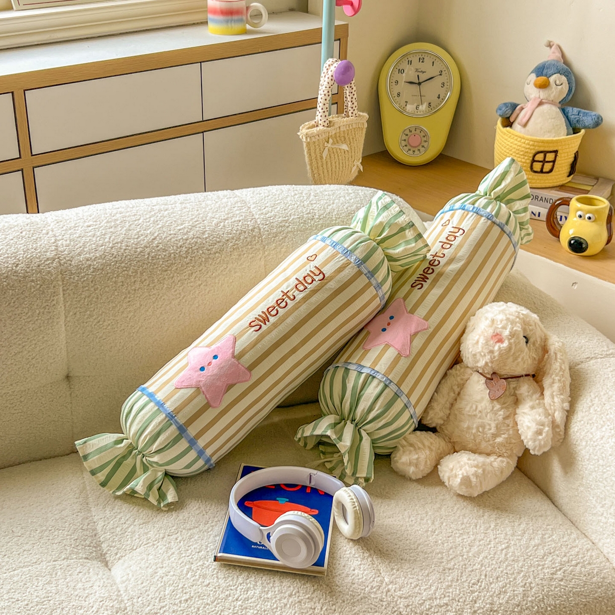 91家纺网 家纺一手货源 找家纺 希诺家居 2025新款ins奶油风奶糖枕糖果枕头枕芯 黄条纹星星