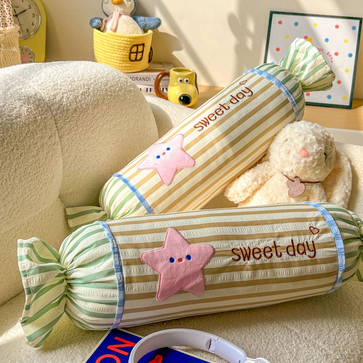 91家纺网 家纺一手货源 找家纺 希诺家居 2025新款ins奶油风奶糖枕糖果枕头枕芯 黄条纹星星