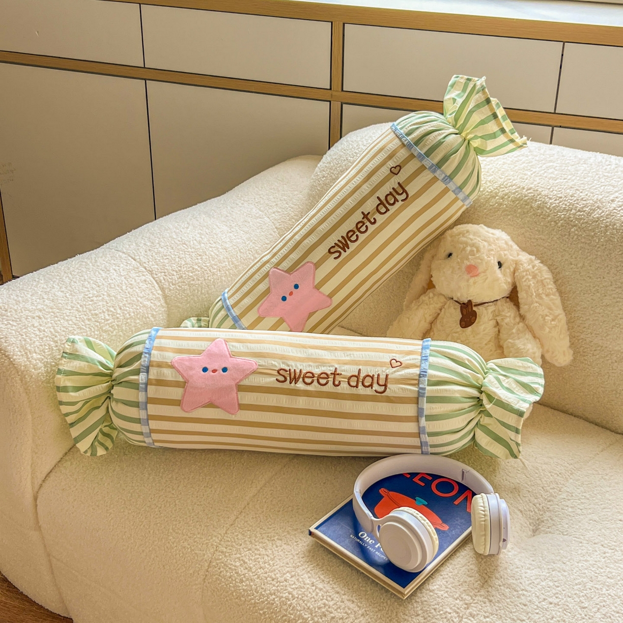 91家纺网 家纺一手货源 找家纺 希诺家居 2025新款ins奶油风奶糖枕糖果枕头枕芯 黄条纹星星