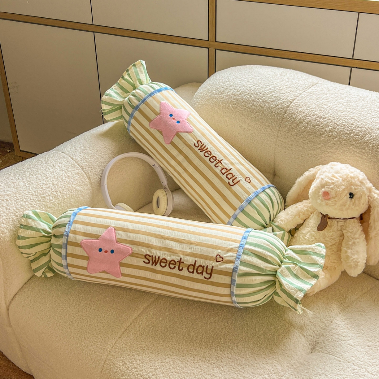 91家纺网 家纺一手货源 找家纺 希诺家居 2025新款ins奶油风奶糖枕糖果枕头枕芯 黄条纹星星