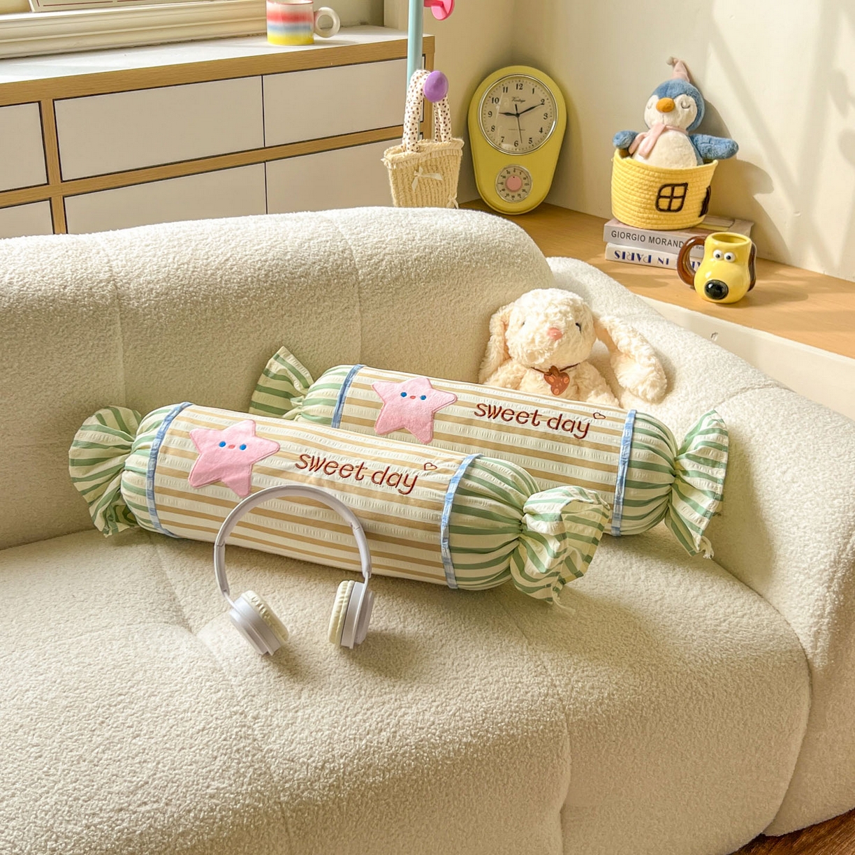 91家纺网 家纺一手货源 找家纺 希诺家居 2025新款ins奶油风奶糖枕糖果枕头枕芯 黄条纹星星