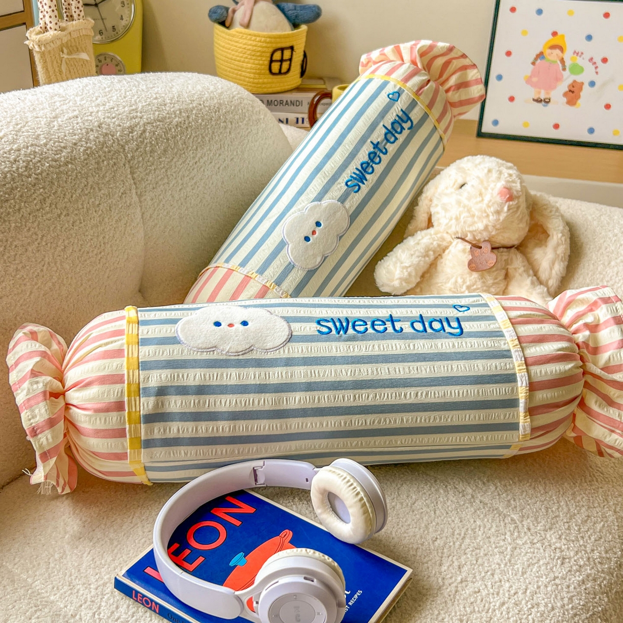 91家纺网 家纺一手货源 找家纺 希诺家居 2025新款ins奶油风奶糖枕糖果枕头枕芯 蓝条纹云朵