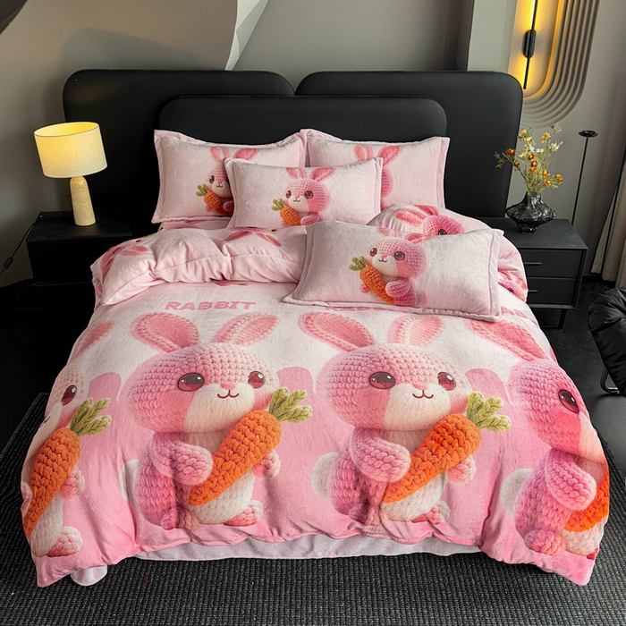 宝薇 2025新款8斤宝宝绒数码5D牛奶绒四件套 幸运兔粉