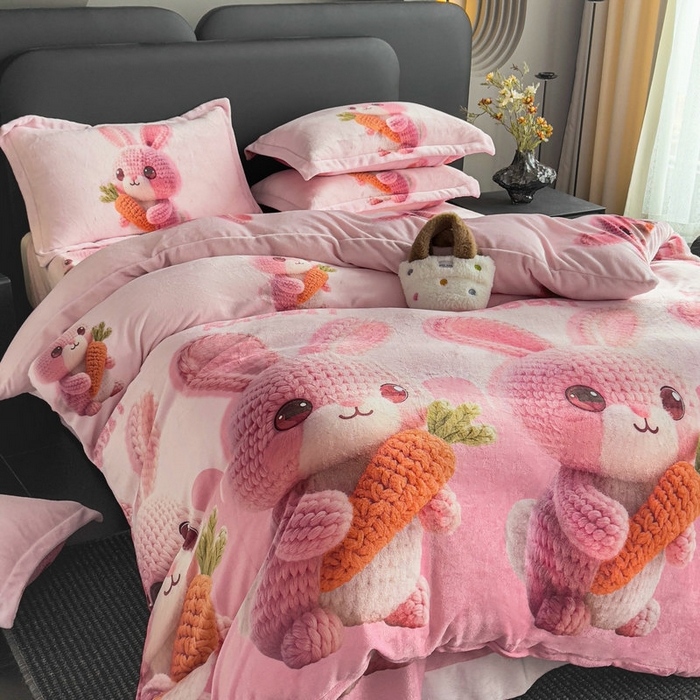 91家纺网 家纺一手货源 找家纺 宝薇 2025新款8斤宝宝绒数码5D牛奶绒四件套 幸运兔粉