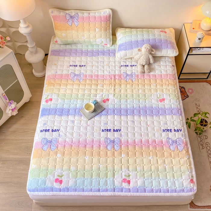 91家纺网 家纺一手货源 找家纺 优品惠 2025新款牛奶绒夹棉床护垫夹棉床褥床盖床单加厚保暖 彩虹蝴蝶结