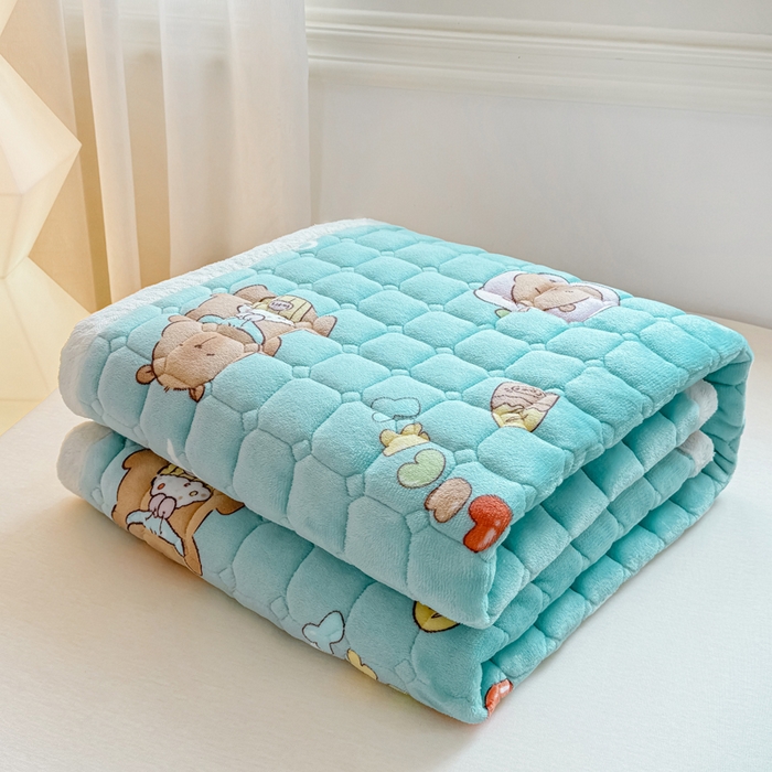 91家纺网 家纺一手货源 找家纺 优品惠 2025新款牛奶绒夹棉床护垫夹棉床褥床盖床单加厚保暖 卡皮巴拉蓝