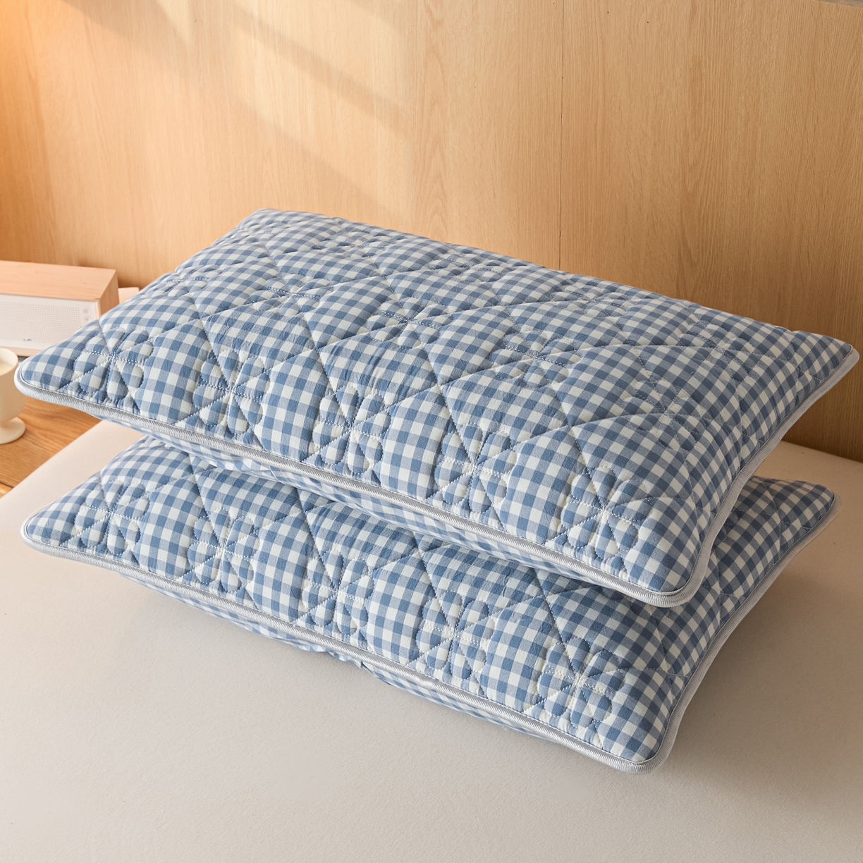 91家纺网 家纺一手货源 找家纺 芬晴家纺 2025新款A类全棉格子枕套枕巾系列 枕套-小蓝格 48*74cm枕套一只